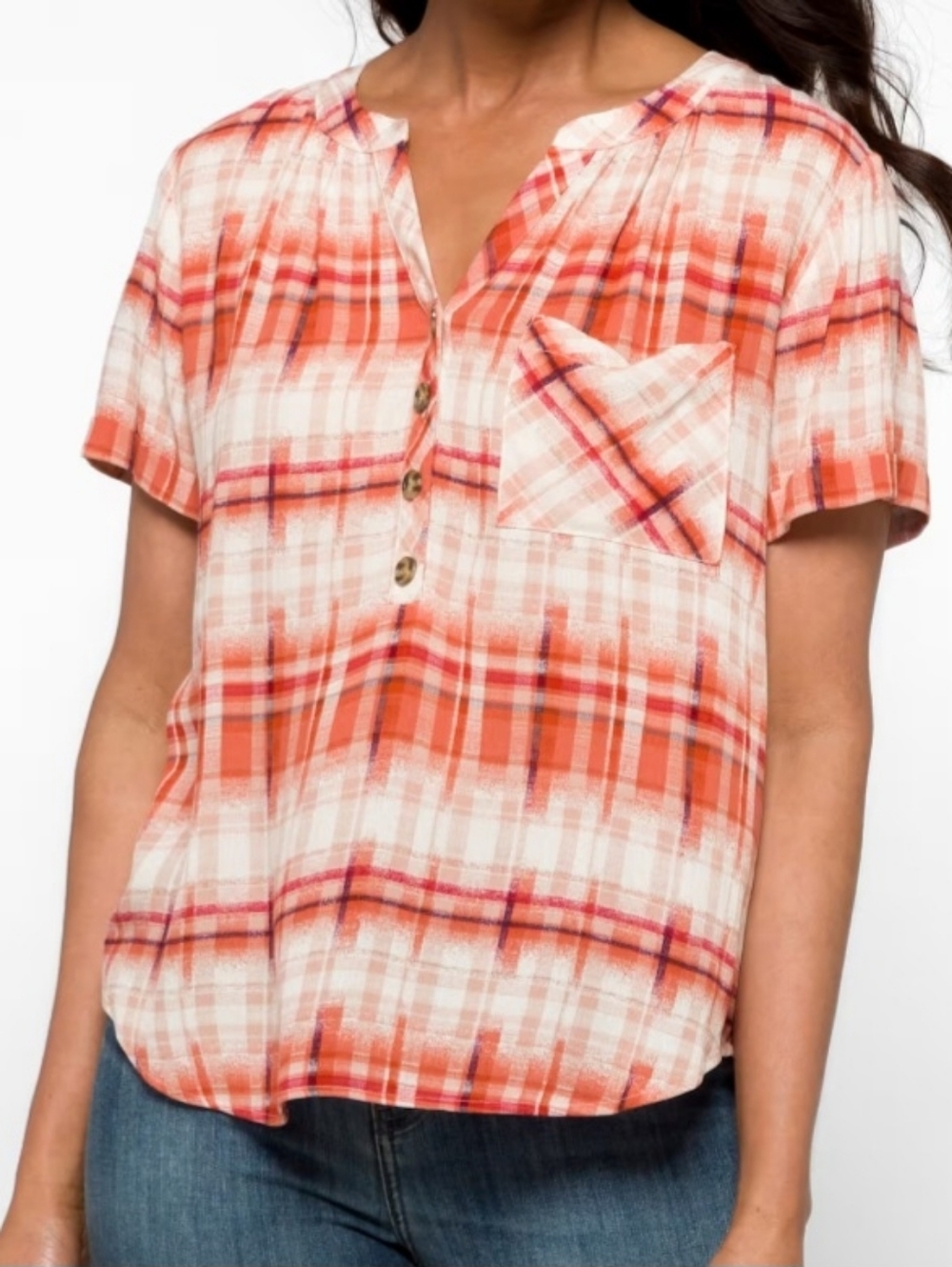 Lightweight Orange Plaid Button-Front Women’s Top, XXL